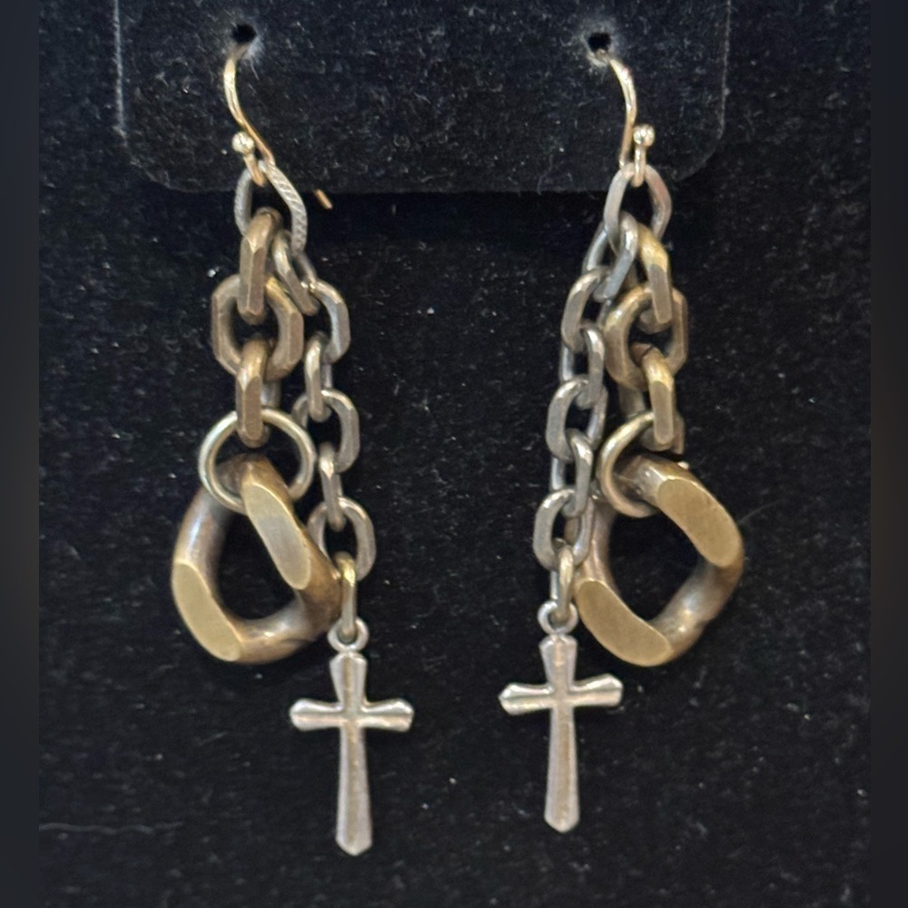 Sterling Silver Cross & Brass chain dangle earrings & ear post 14k gf Signed JHK